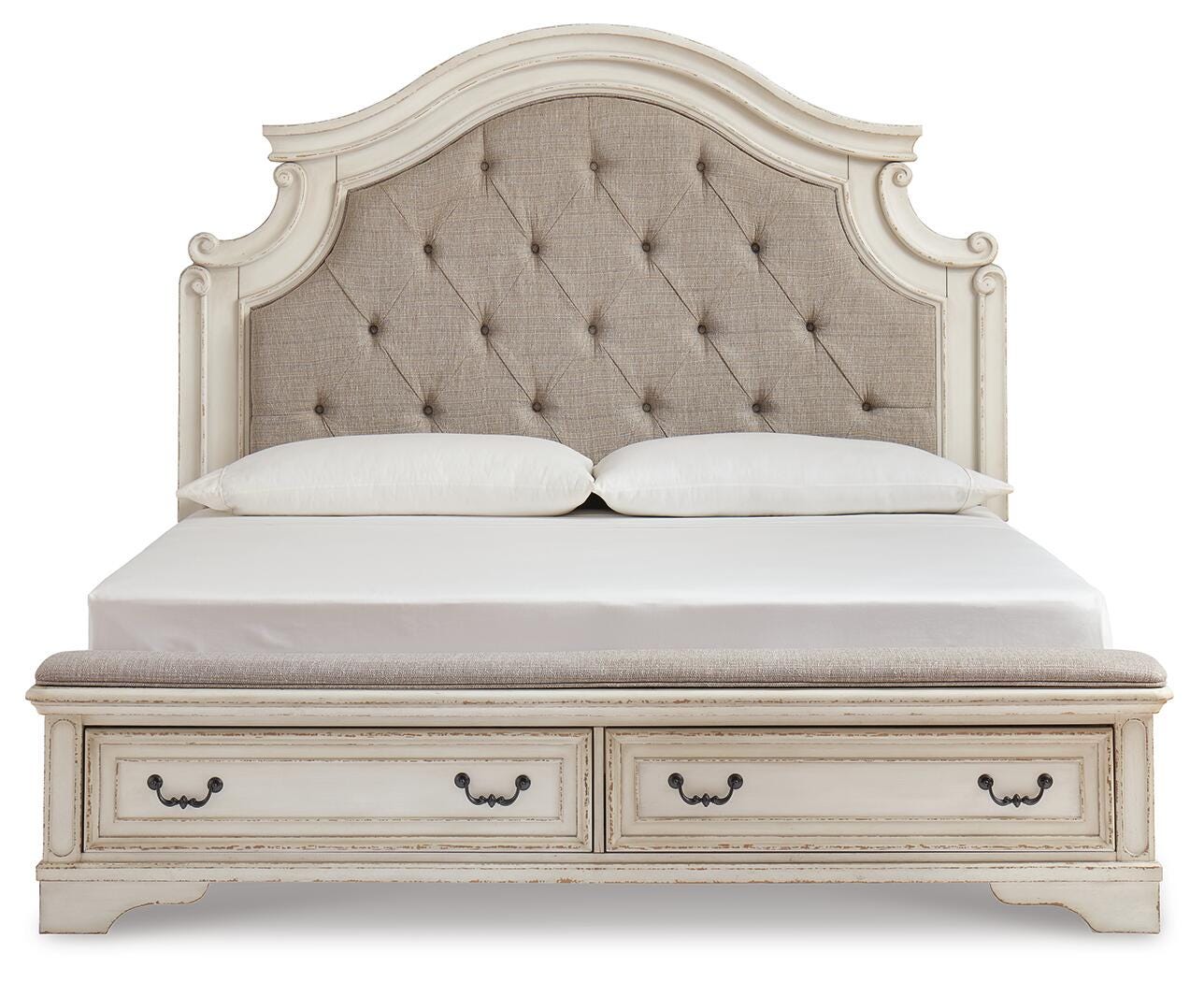 Realyn Chipped White King Storage Bed, Dresser, Mirror, Chest, Vanity with Stool and 2 Nightstands