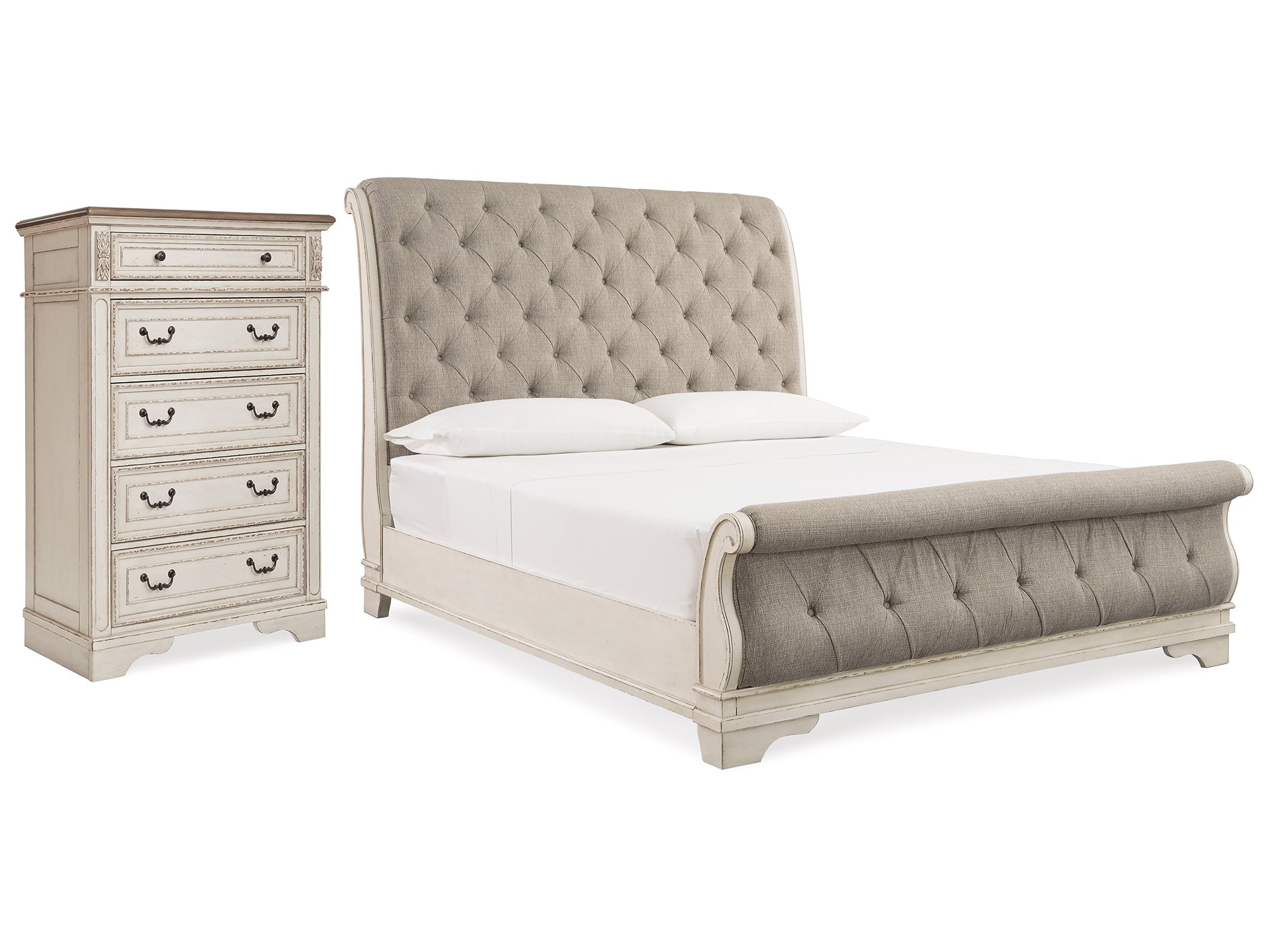 Realyn Two-tone Queen Upholstered Sleigh Bedroom Set with Chest - Ornate Home