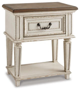 Realyn Chipped White King Storage Bed, Dresser, Mirror, Chest, Vanity with Stool and 2 Nightstands