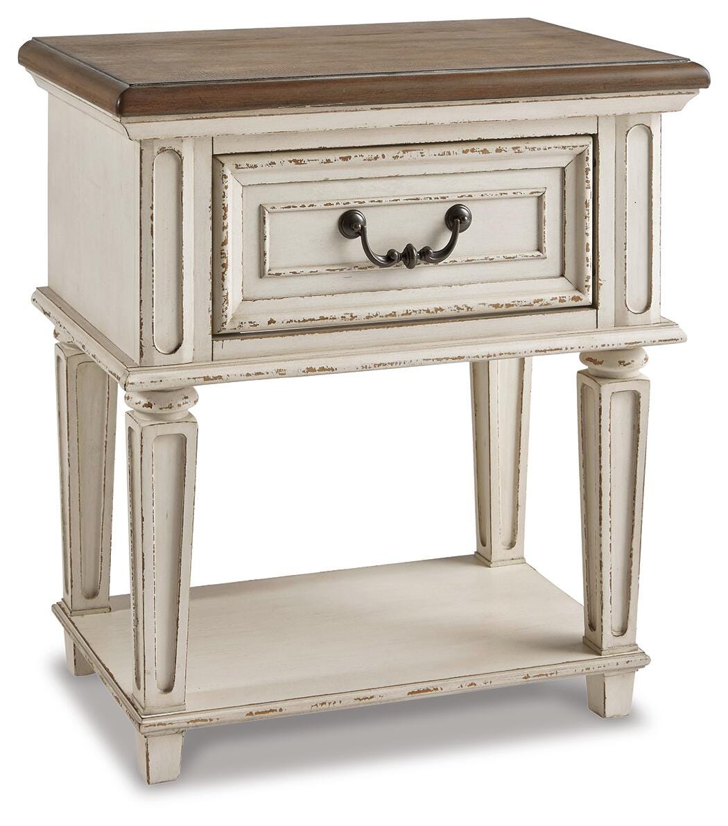 Realyn Chipped White King Storage Bed, Dresser, Mirror, Chest, Vanity with Stool and 2 Nightstands