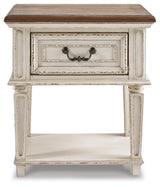 Realyn Chipped White King Storage Bed, Dresser, Mirror, Chest, Vanity with Stool and 2 Nightstands