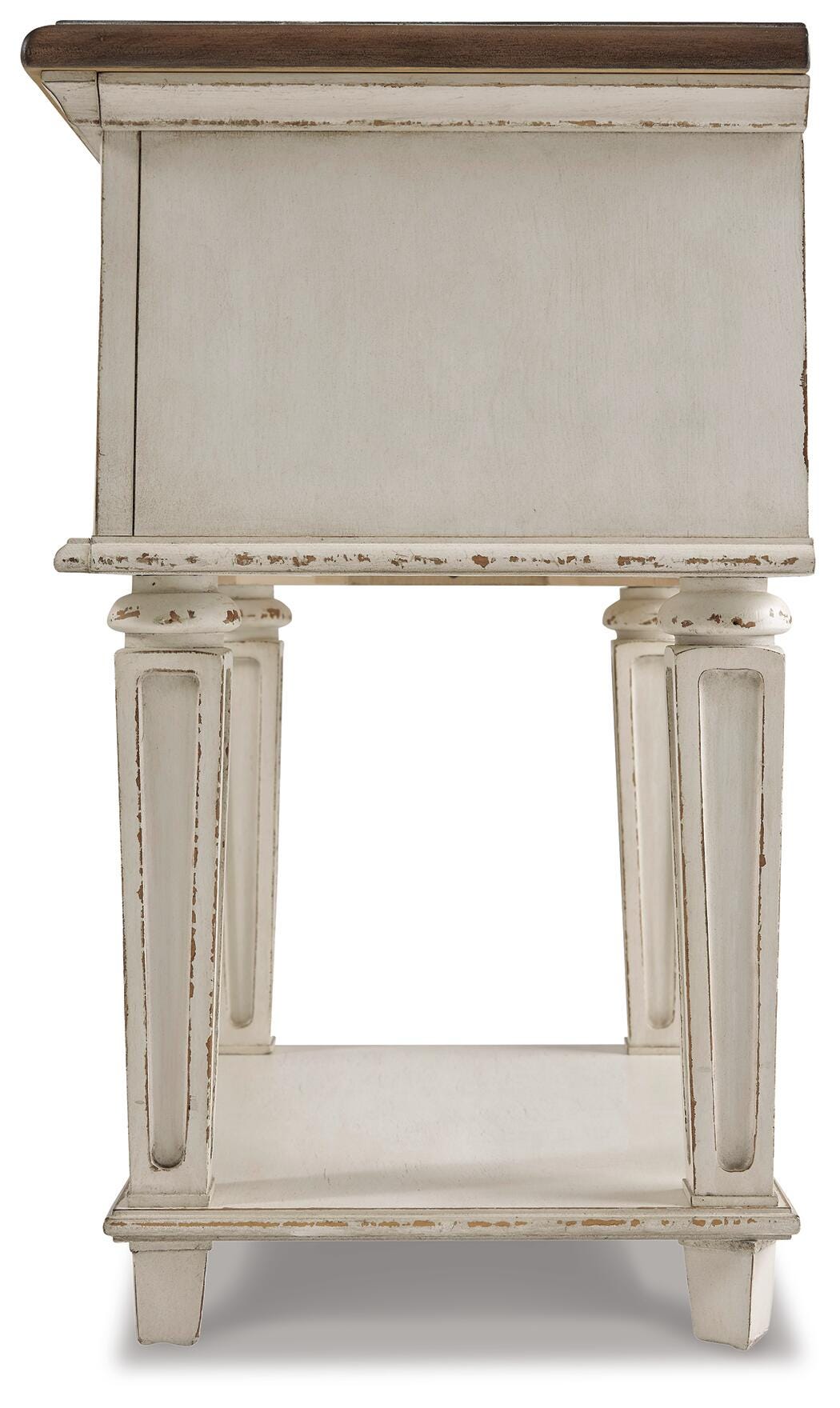 Realyn Chipped White King Storage Bed, Dresser, Mirror, Chest, Vanity with Stool and 2 Nightstands