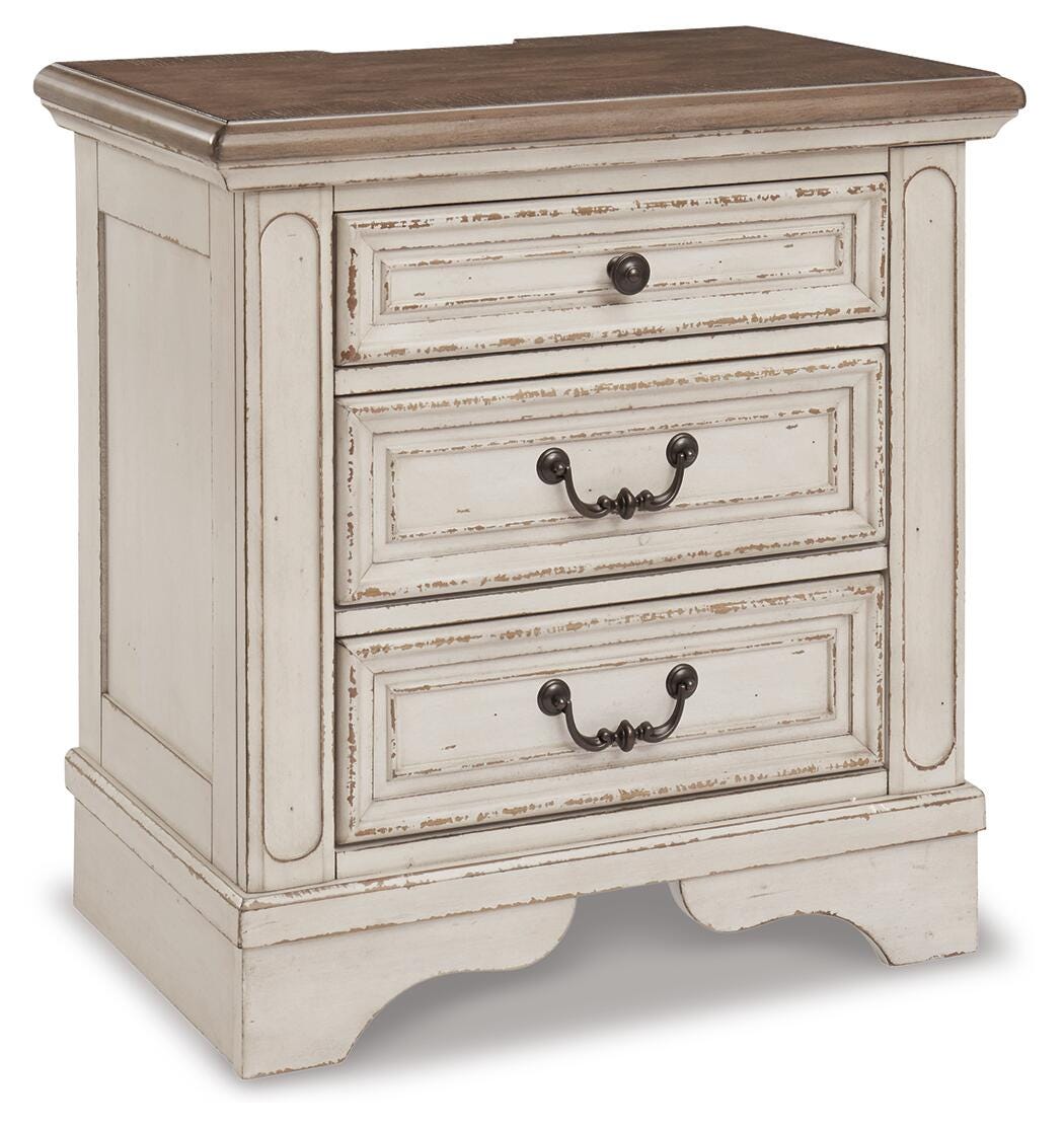 Realyn Chipped White King Upholstered Panel Bed, Dresser and Nightstand
