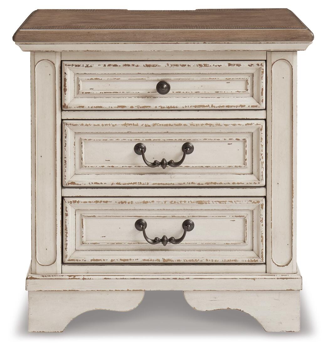 Realyn Chipped White Chest and 2 Nightstands