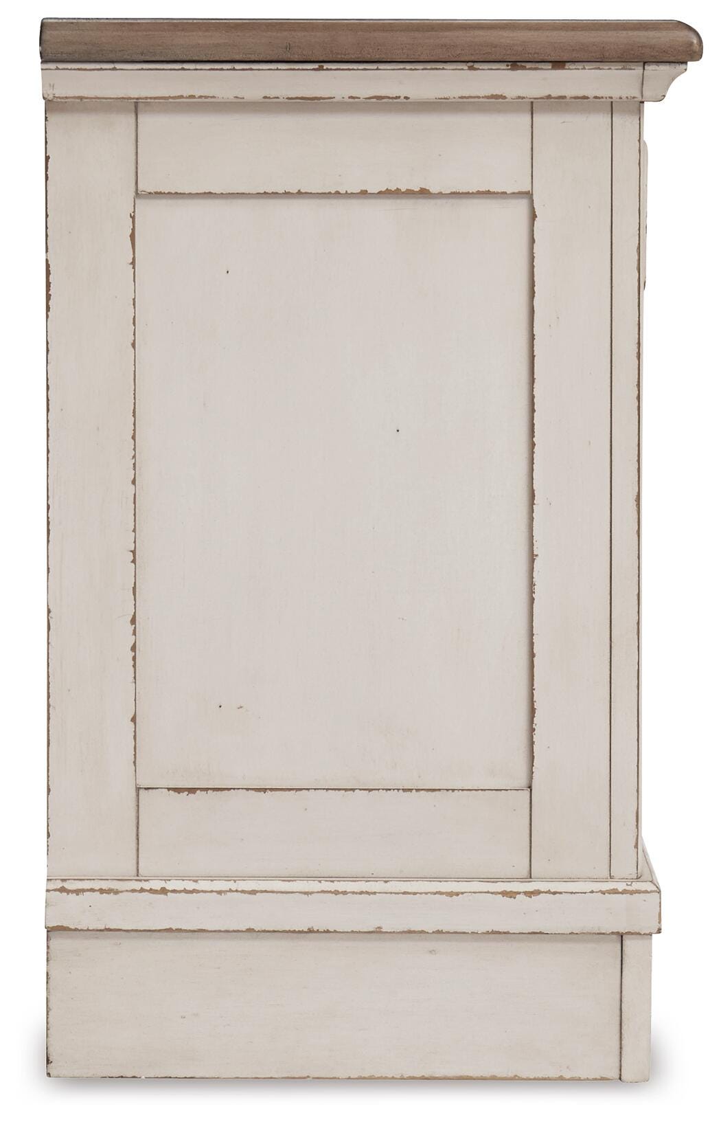 Realyn Chipped White King Upholstered Panel Bed, Dresser and Nightstand