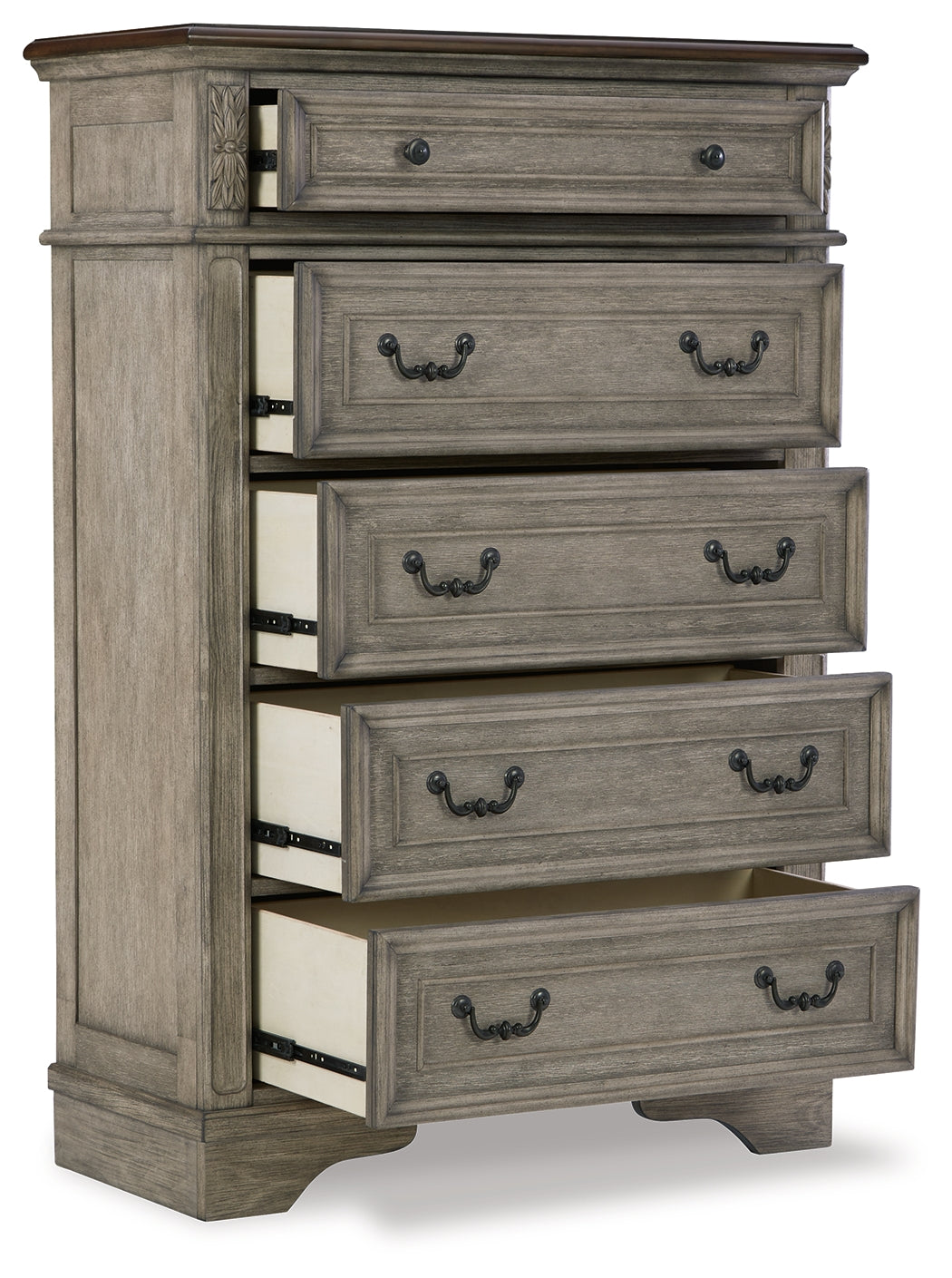 Lodenbay Gray Queen Upholstered Panel Bedroom Set with Dresser, Mirror, Chest and Nightstand - Ornate Home