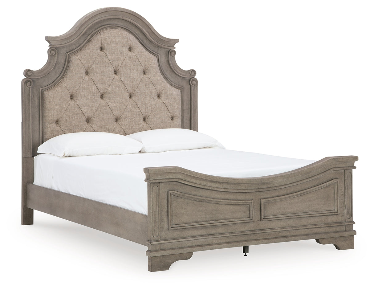 Lodenbay Gray Queen Upholstered Panel Bedroom Set with Dresser, Mirror, Chest and Nightstand - Ornate Home