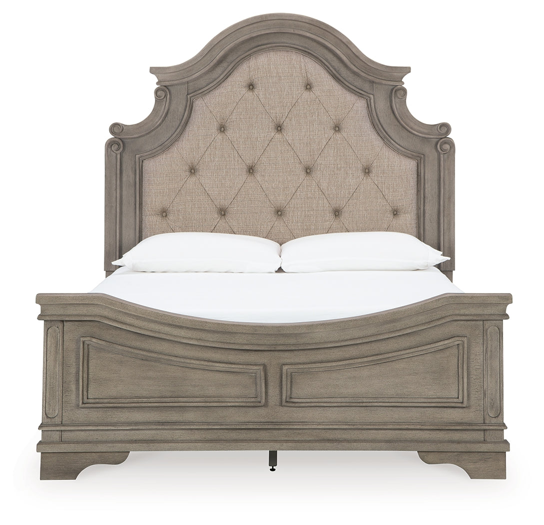 Lodenbay Gray Queen Upholstered Panel Bedroom Set with Dresser, Mirror, Chest and Nightstand - Ornate Home