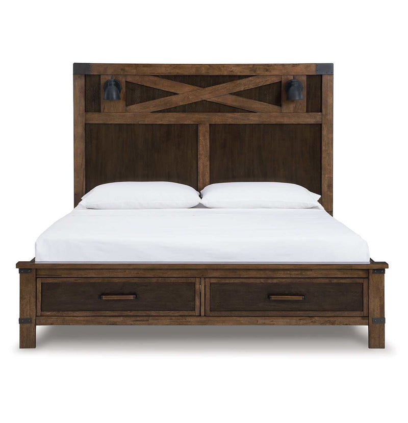 Wyattfield Walnut Brown King Panel Bed w/ 2 FB Storage Drawers & 2 HB Scones - Ornate Home
