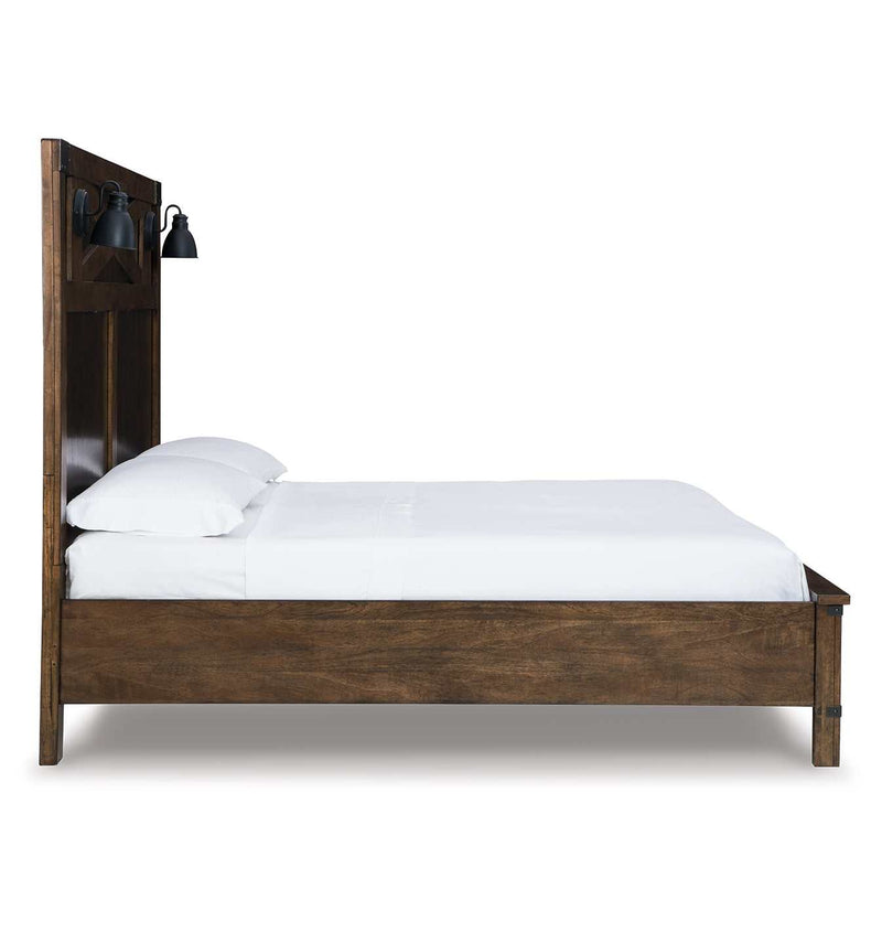 Wyattfield Walnut Brown King Panel Bed w/ 2 FB Storage Drawers & 2 HB Scones - Ornate Home