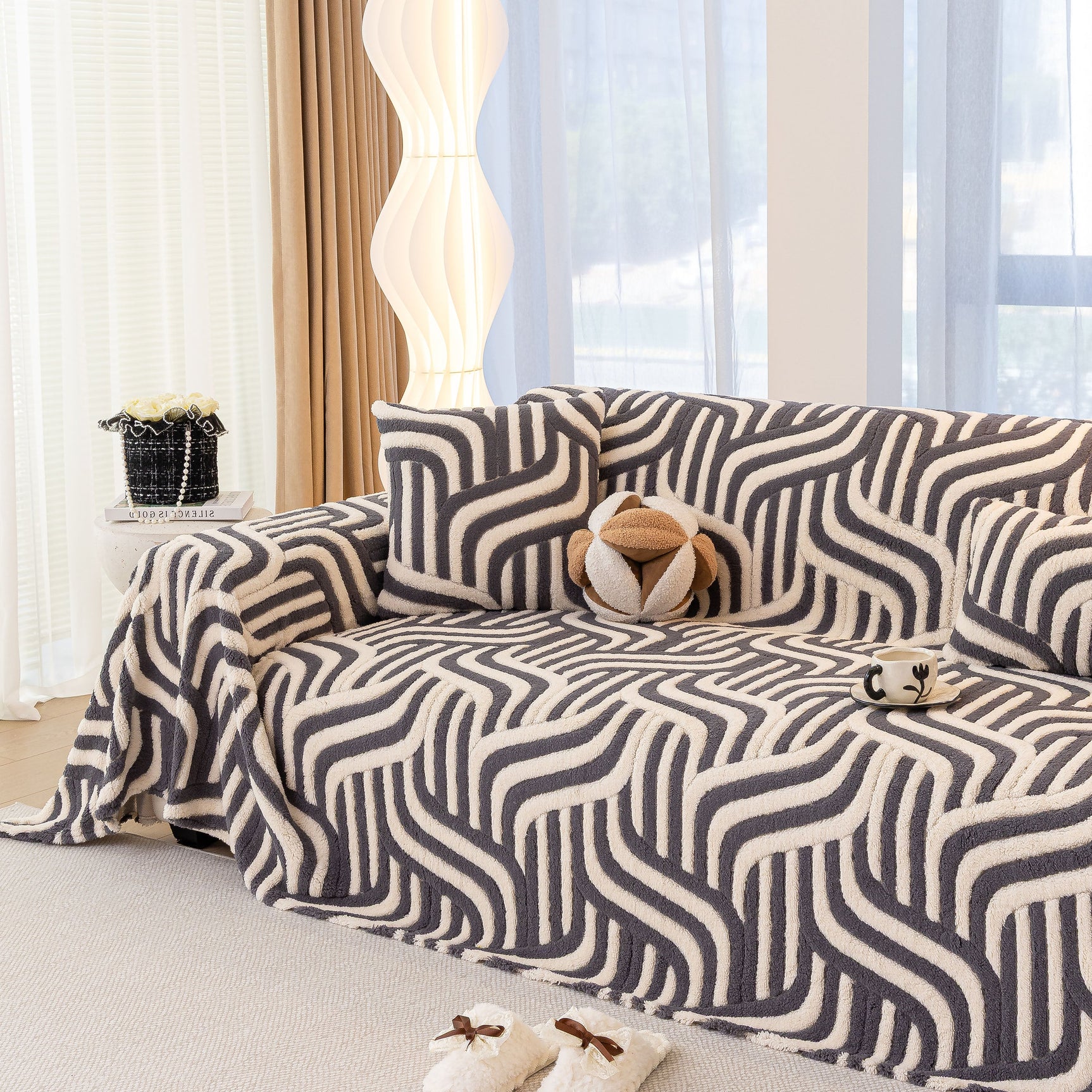 Plush Sherpa Sofa Throw Cover for Sectional, Jacquard Wave Throw Furniture Protector