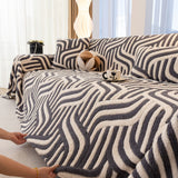 Plush Sherpa Sofa Throw Cover for Sectional, Jacquard Wave Throw Furniture Protector