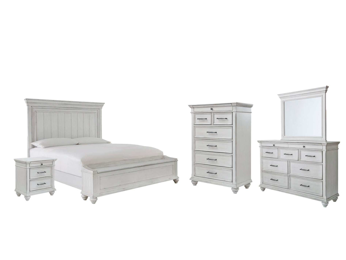 Kanwyn Whitewash Queen Panel Bedroom Set w/ Storage Bench / 5pc - Ornate Home