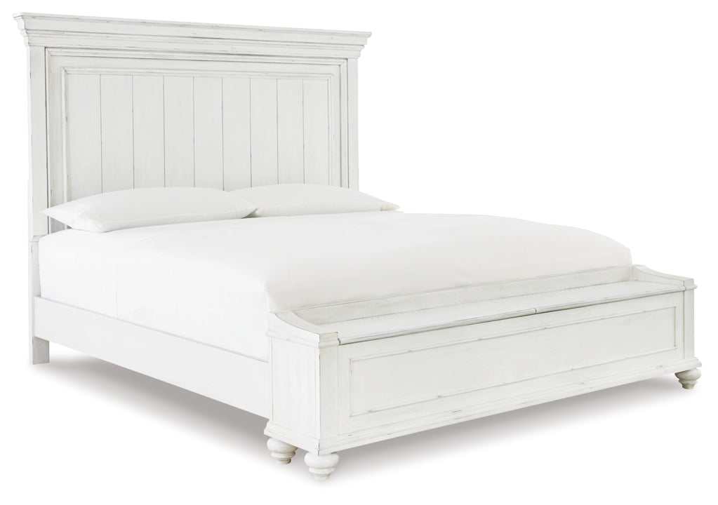 Kanwyn Whitewash Queen Panel Bed w/ Storage Bench - Ornate Home