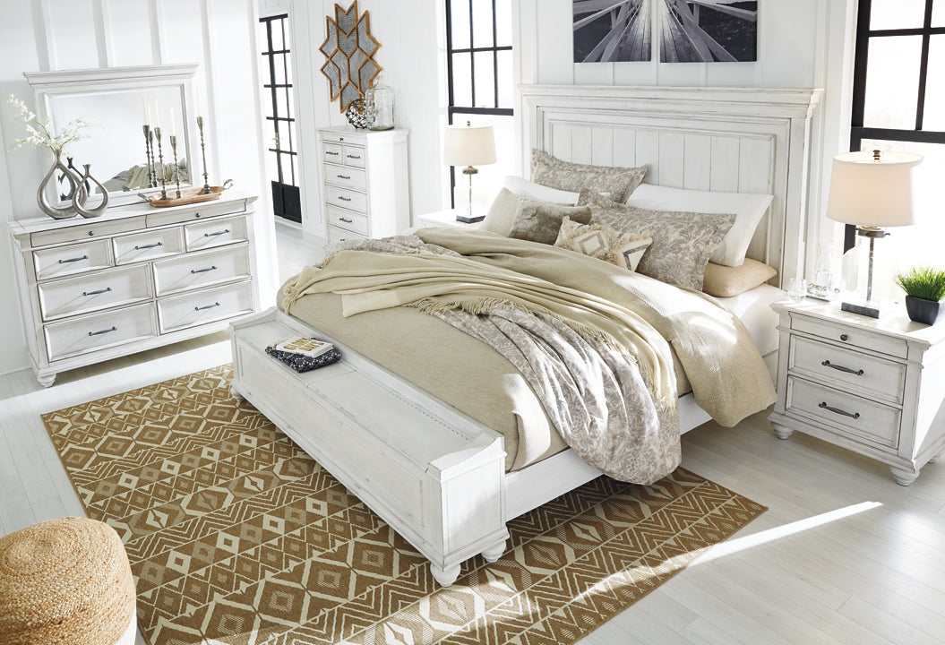 (Online Special Price) Kanwyn Whitewash King Panel Bed w/ Storage Bench - Ornate Home