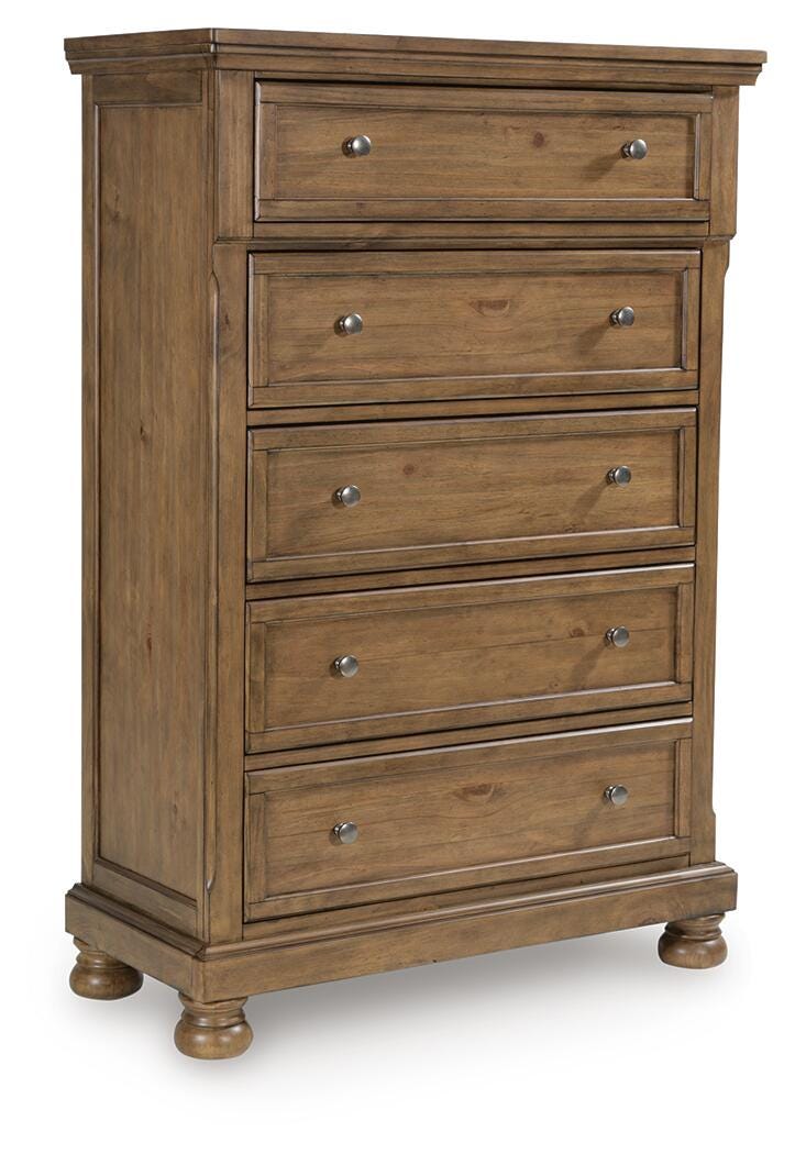Feddinger Medium Brown King Panel Bed, Dresser, Mirror, Chest and 2 Nightstands