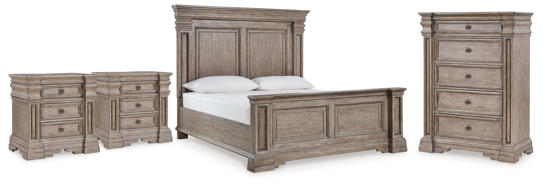 Blairhurst Light Grayish Brown King Panel Bed, Chest and 2 Nightstands