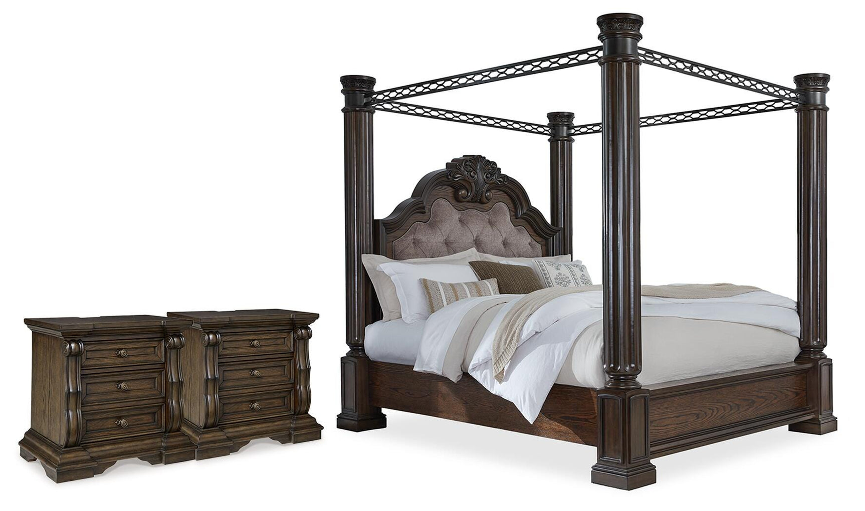 Maylee Dark Brown King Poster Bed and 2 Nightstands