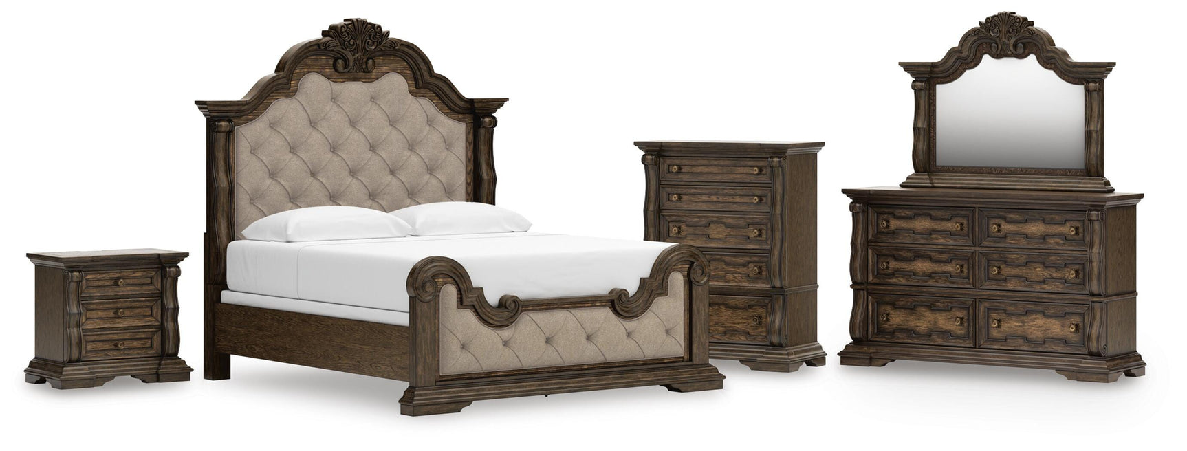 Maylee Dark Brown King Panel Bed, Dresser, Mirror, Chest and Nightstand (Online Special Price)
