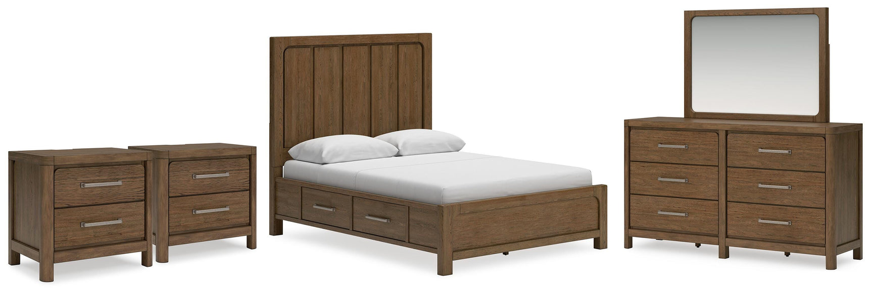 Cabalynn Light Brown Queen Panel Storage Bed, Dresser, Mirror and 2 Nightstands