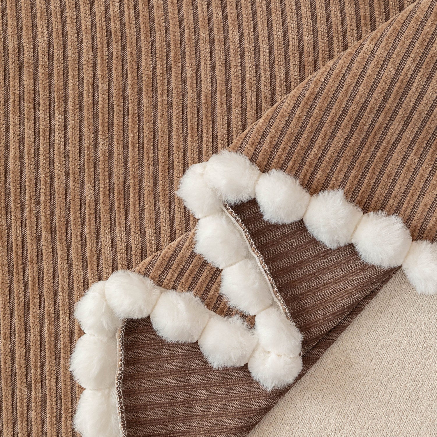 Textured Striped Cozy Couch Cover Throw Blanket with Pom Pom Trim for Sectional Sofa