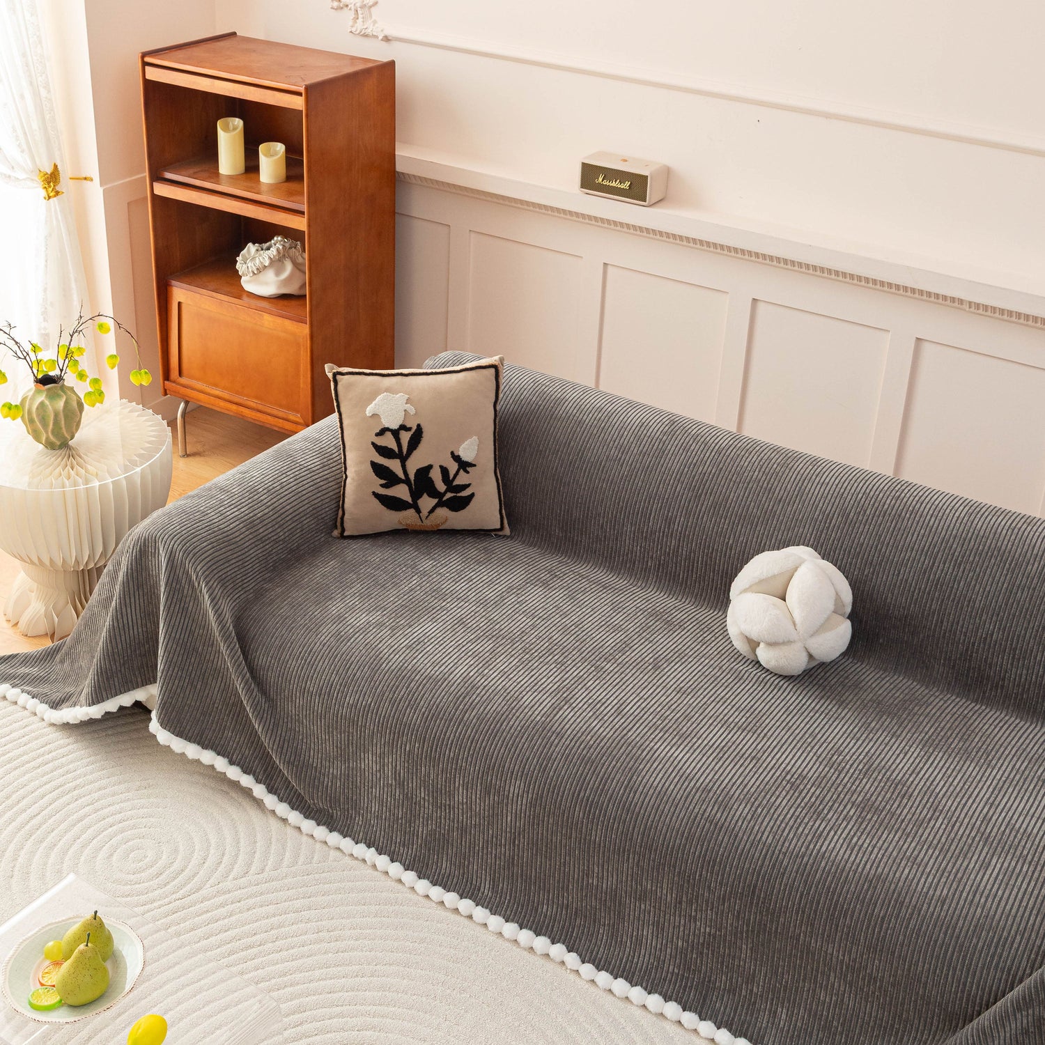 Textured Striped Cozy Couch Cover Throw Blanket with Pom Pom Trim for Sectional Sofa
