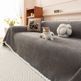Textured Striped Cozy Couch Cover Throw Blanket with Pom Pom Trim for Sectional Sofa