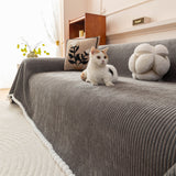 Textured Striped Cozy Couch Cover Throw Blanket with Pom Pom Trim for Sectional Sofa