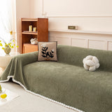 Textured Striped Cozy Couch Cover Throw Blanket with Pom Pom Trim for Sectional Sofa