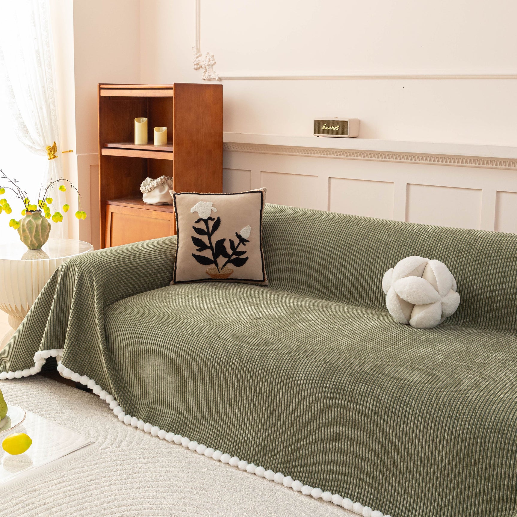 Textured Striped Cozy Couch Cover Throw Blanket with Pom Pom Trim for Sectional Sofa
