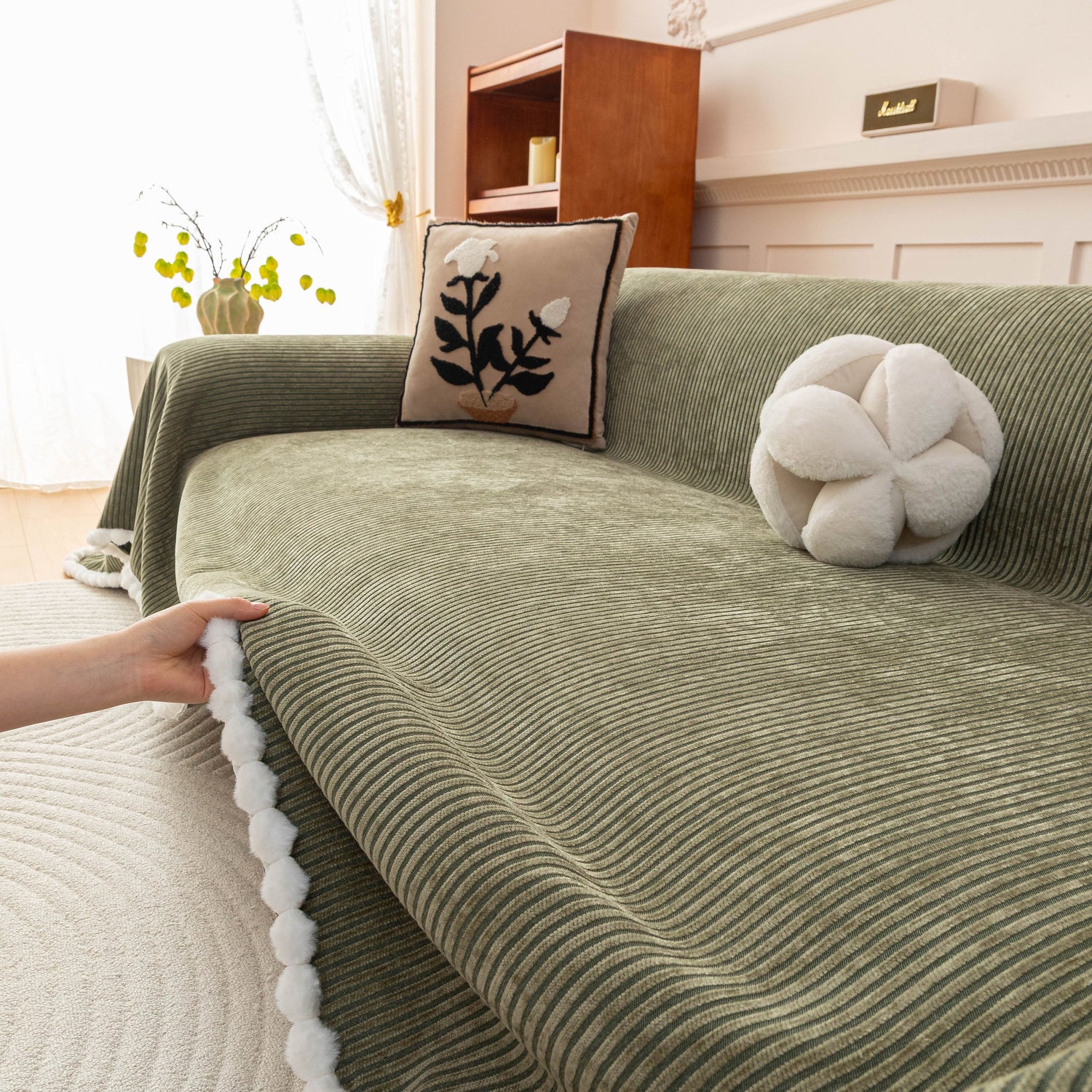 Textured Striped Cozy Couch Cover Throw Blanket with Pom Pom Trim for Sectional Sofa