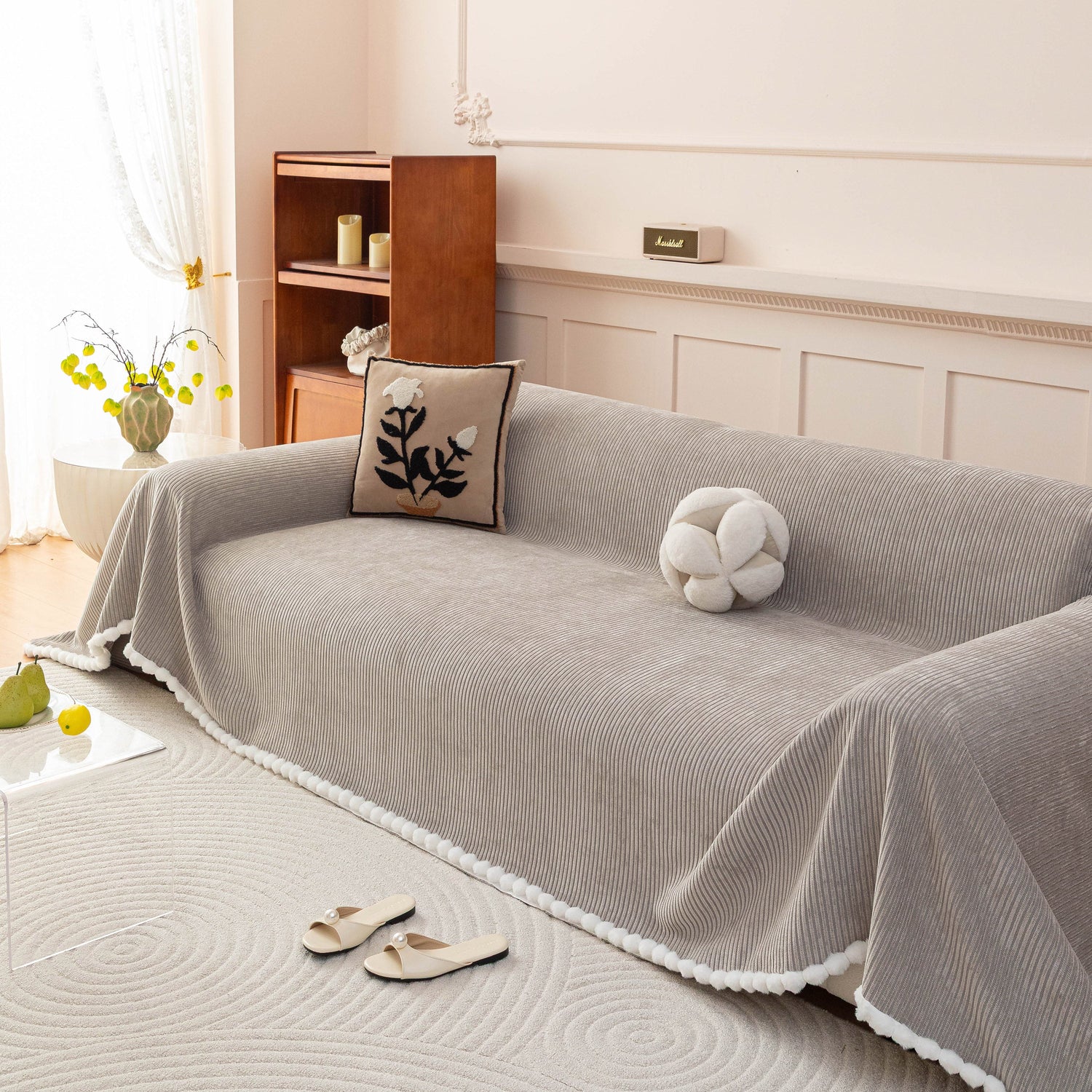 Textured Striped Cozy Couch Cover Throw Blanket with Pom Pom Trim for Sectional Sofa