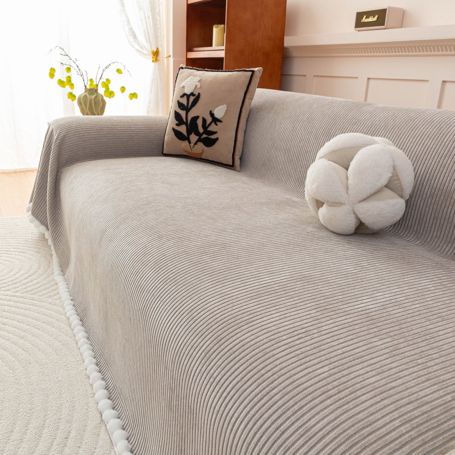 Textured Striped Cozy Couch Cover Throw Blanket with Pom Pom Trim for Sectional Sofa