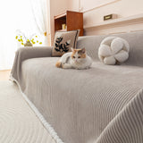 Textured Striped Cozy Couch Cover Throw Blanket with Pom Pom Trim for Sectional Sofa