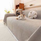 Textured Striped Cozy Couch Cover Throw Blanket with Pom Pom Trim for Sectional Sofa