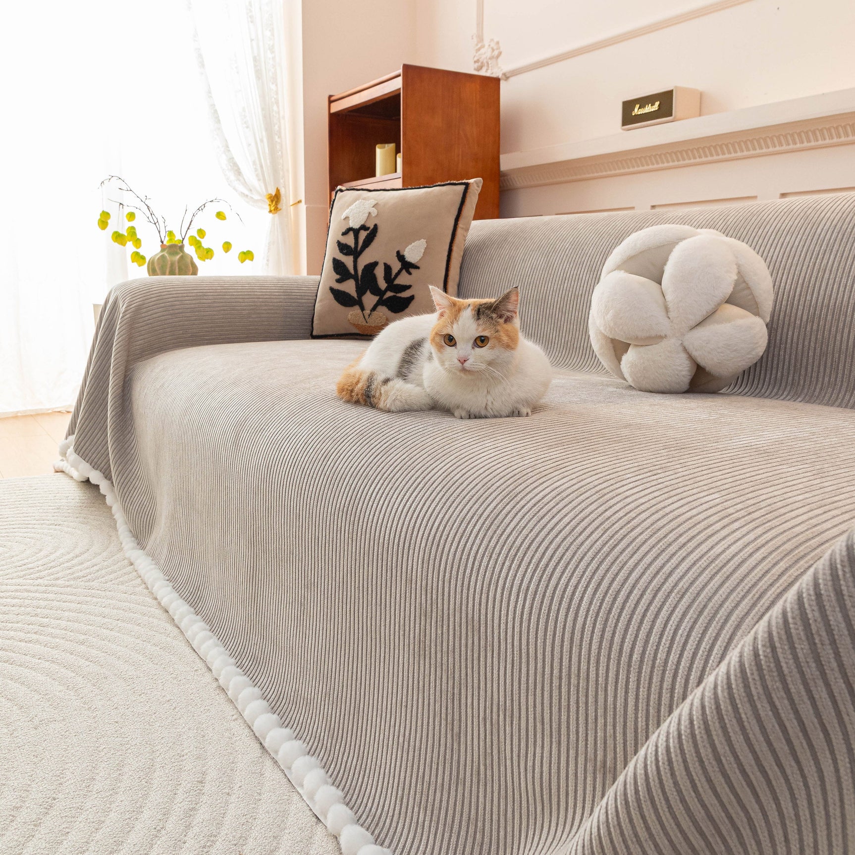 Textured Striped Cozy Couch Cover Throw Blanket with Pom Pom Trim for Sectional Sofa