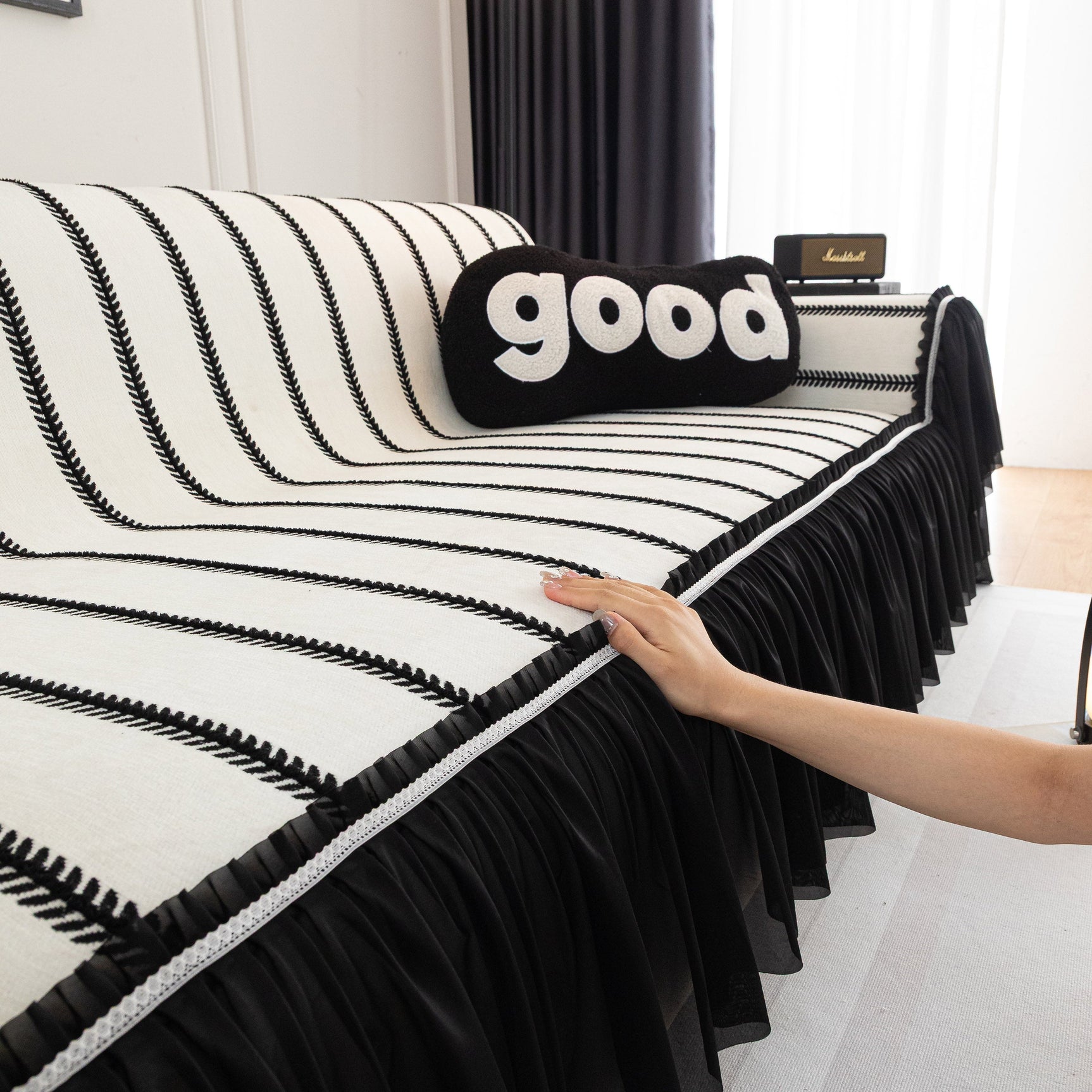 Leaf Stripe Sofa Cover with Black Sheer Skirt, Boho Soft Couch Slipcover for Pets