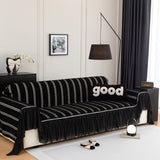 Leaf Stripe Sofa Cover with Black Sheer Skirt, Boho Soft Couch Slipcover for Pets