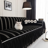 Leaf Stripe Sofa Cover with Black Sheer Skirt, Boho Soft Couch Slipcover for Pets