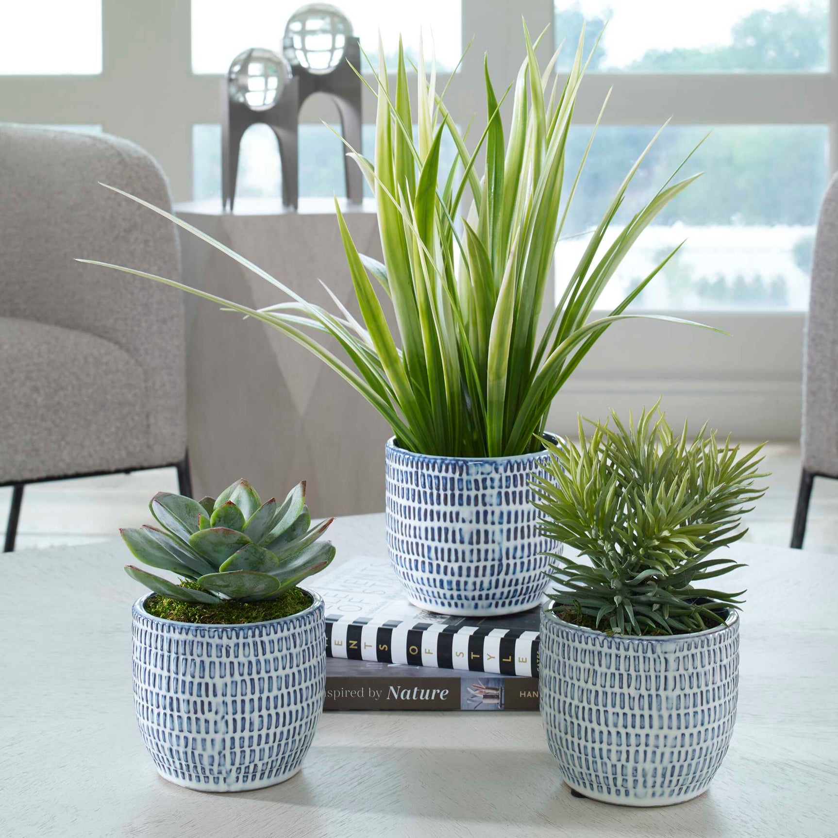 Puebla Blue/White Greenery In Pots (Set of 3)