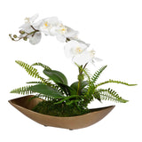 Transcend Brass/Green/White Orchid Centerpiece