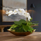 Transcend Brass/Green/White Orchid Centerpiece