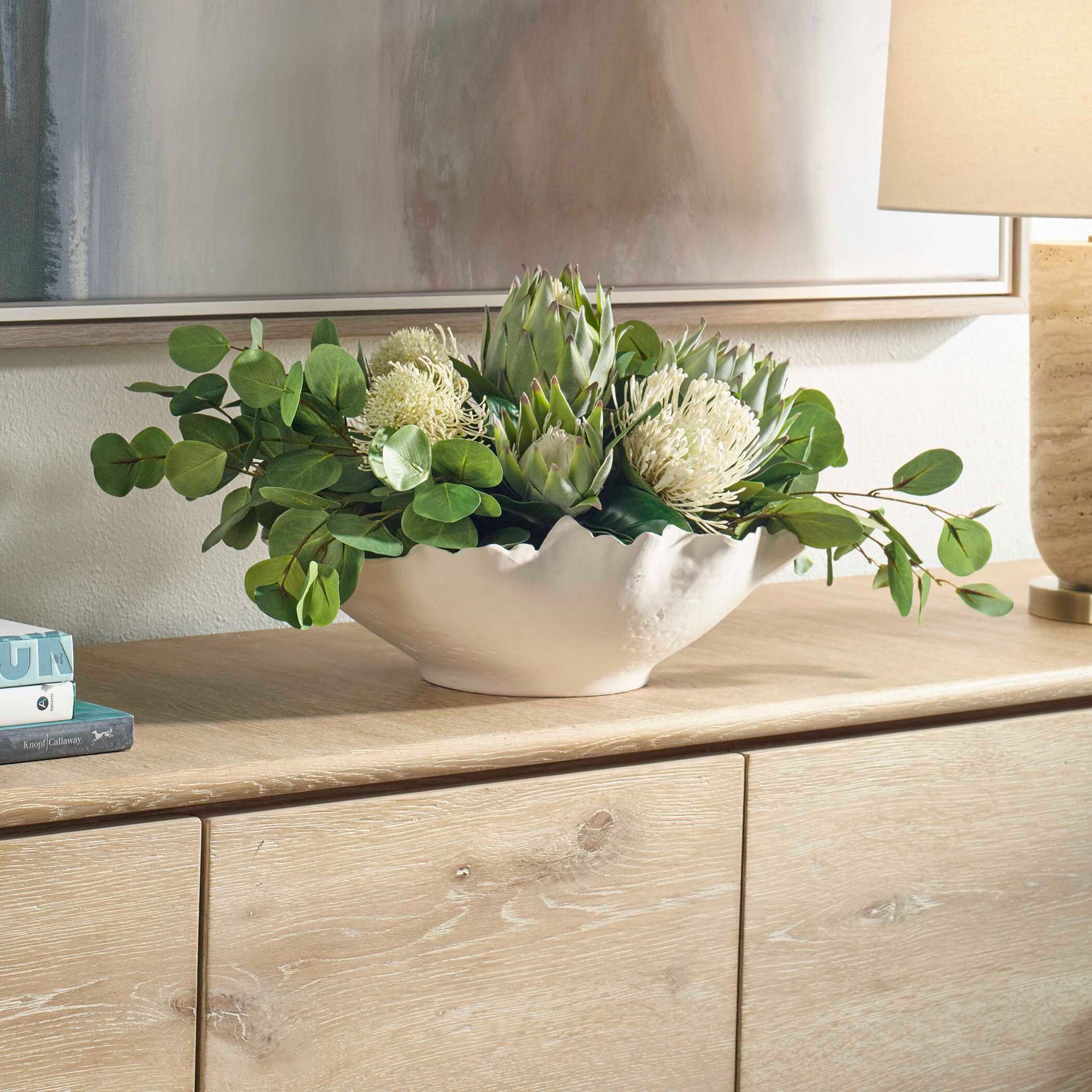 Protea Blooms White Bowl Centerpiece