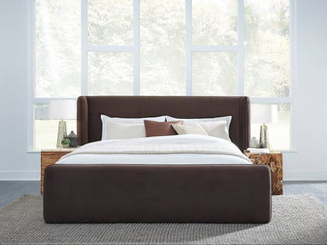 Bacall Velvet Eastern King Upholstered Wingback Platform Bed in Cola - Ornate Home