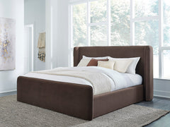 Bacall Velvet Queen Upholstered Wingback Platform Bed in Cola - Ornate Home
