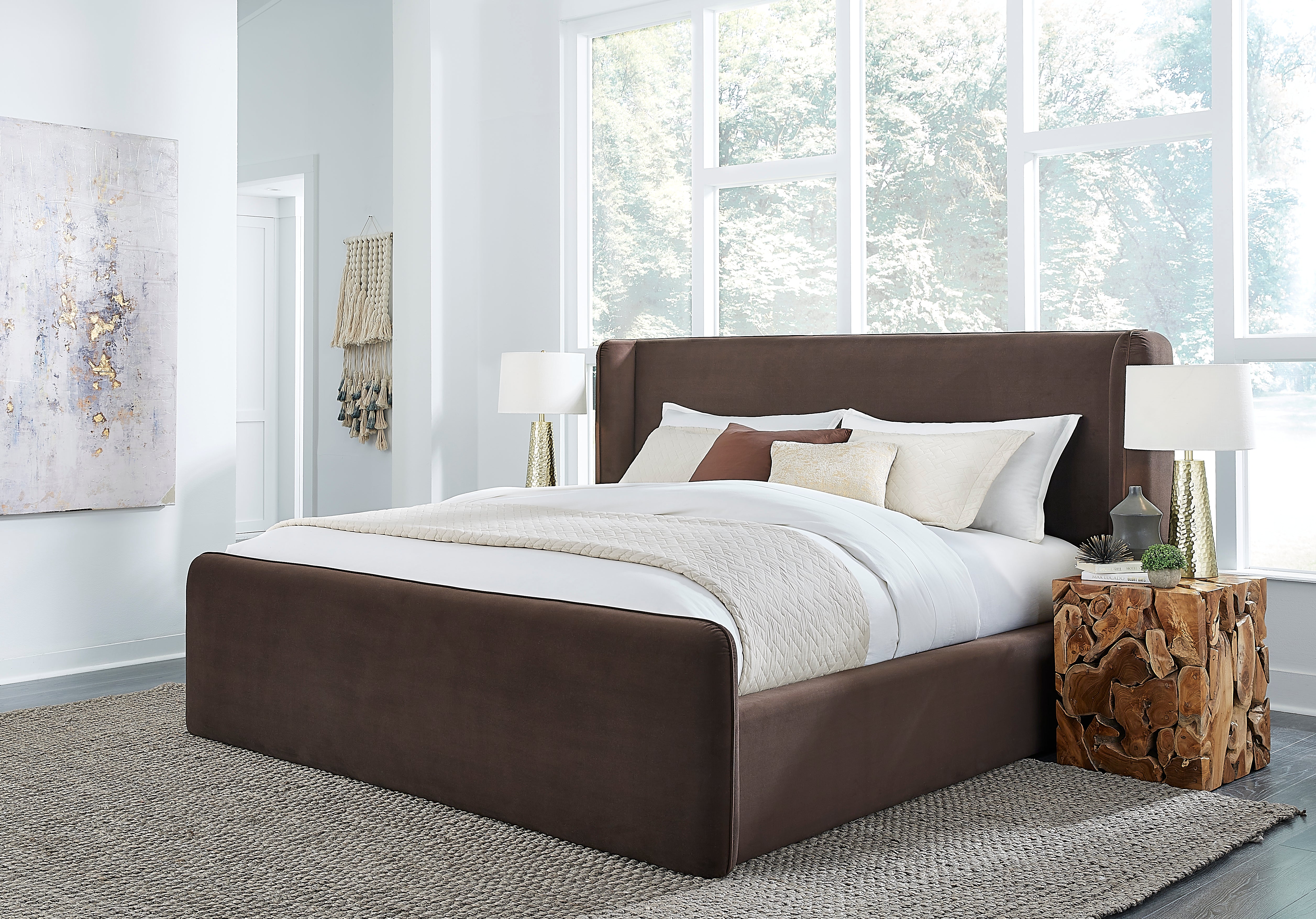 Bacall Velvet Queen Upholstered Wingback Platform Bed in Cola