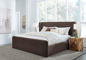Bacall Velvet Queen Upholstered Wingback Platform Bed in Cola - Ornate Home