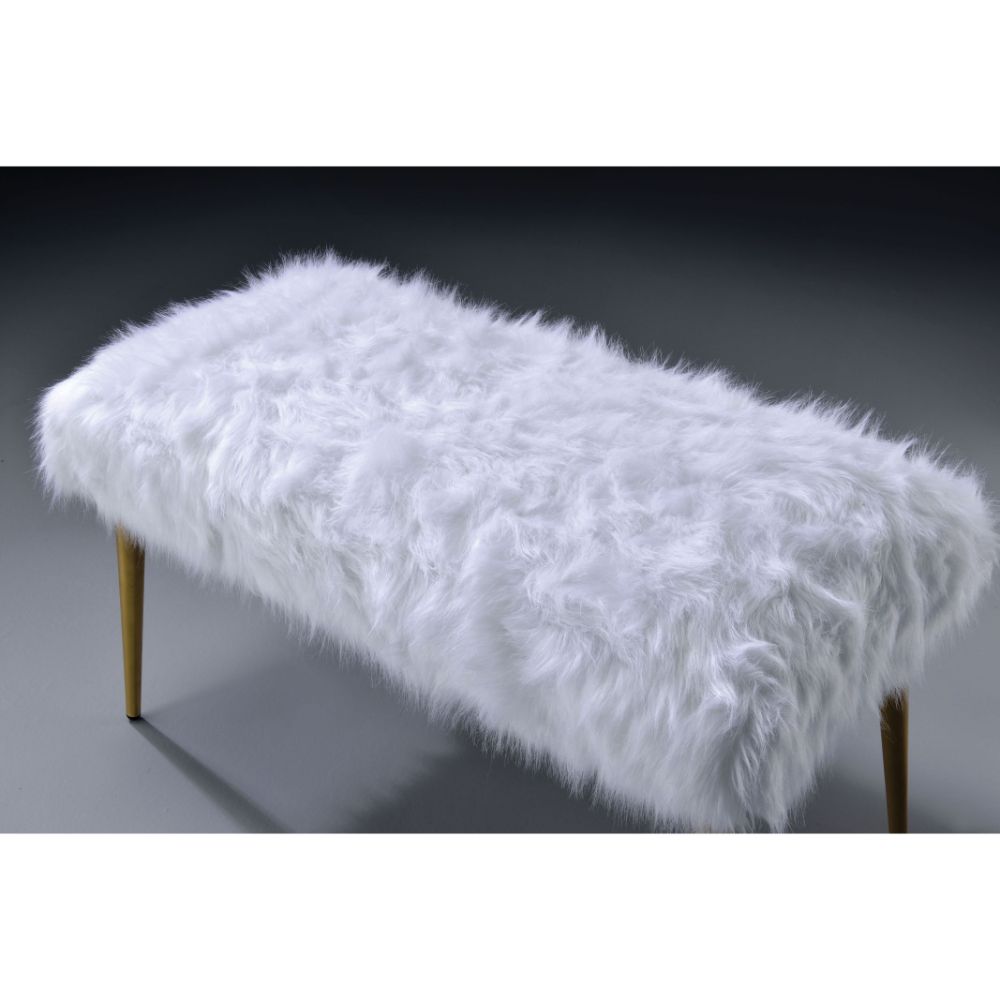 Bagley II White Faux Fur & Gold Bench - Ornate Home