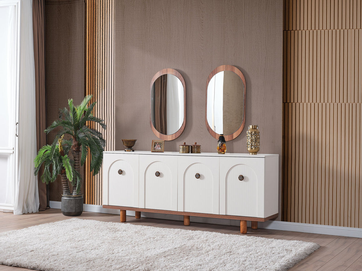 Bahama Walnut/White Dining Room Set (Consol With Mirror & Dining Table & 6 Dining Chair) - Ornate Home