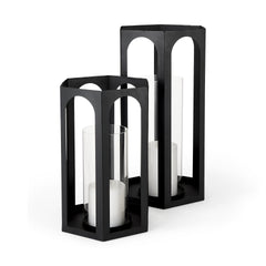 Balley Matte Black Metal Hexagonal Candle Holder Lanterns (Set of 2) - Ornate Home